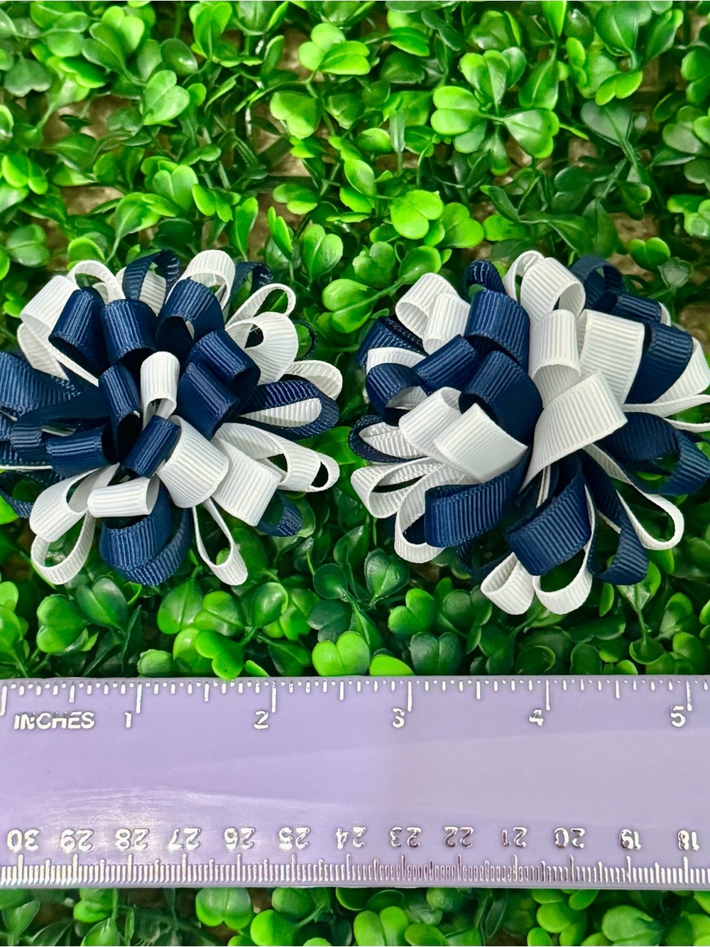 Navy and White School Hair Bows - Pom Pom Puffs Hair Clips for Girls